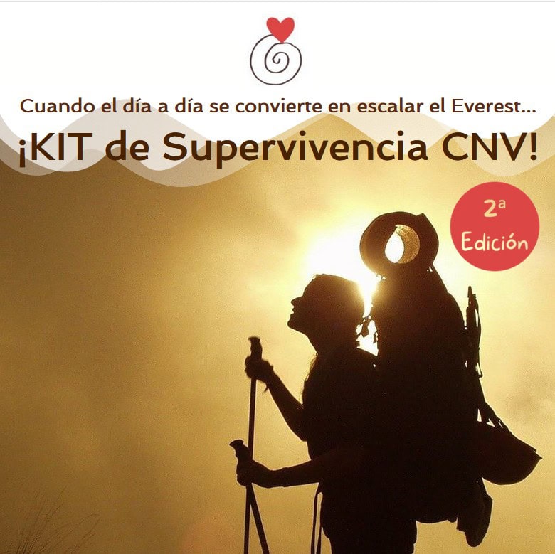 Silueta de un excursionista con mochila y bastones sobre una brillante puesta de sol, acompañada de un texto en español que promociona un kit de supervivencia CNV, 2ª edición.
