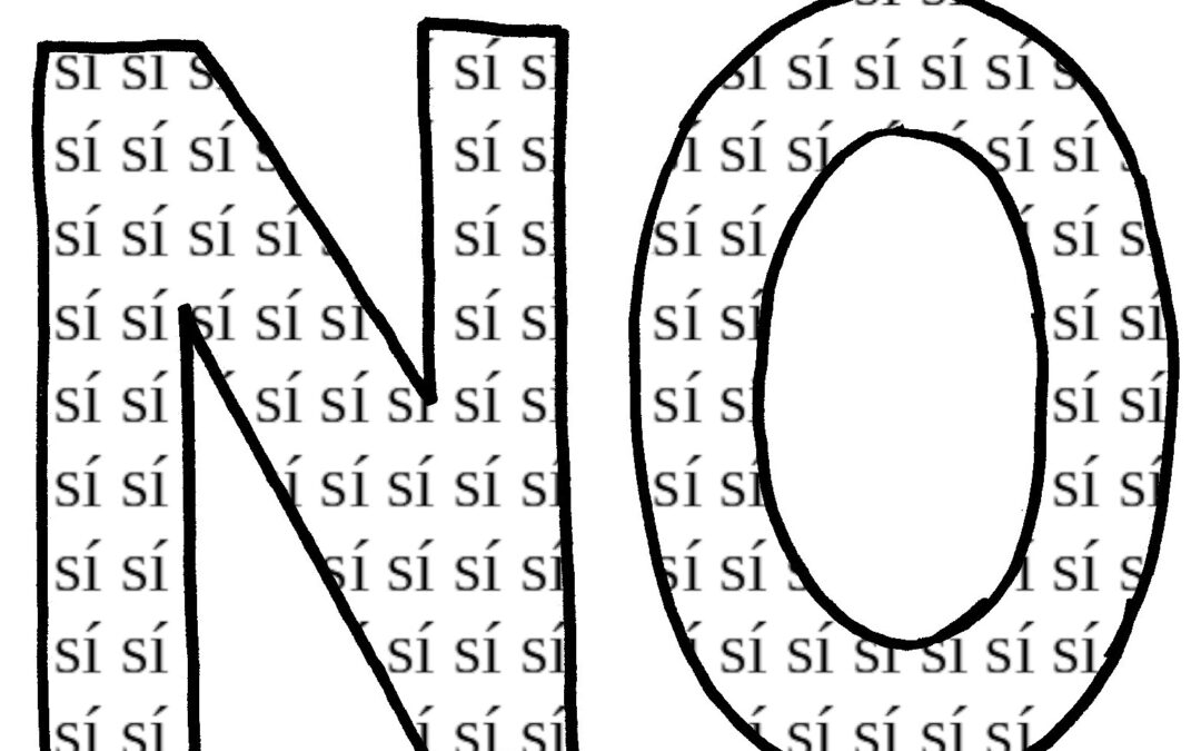 Las grandes letras "NO" se rellenan con las pequeñas palabras "SÍ", que se repiten en un patrón cuadriculado, creando un llamativo efecto visual que suele utilizarse en los talleres de comunicación no violenta.
