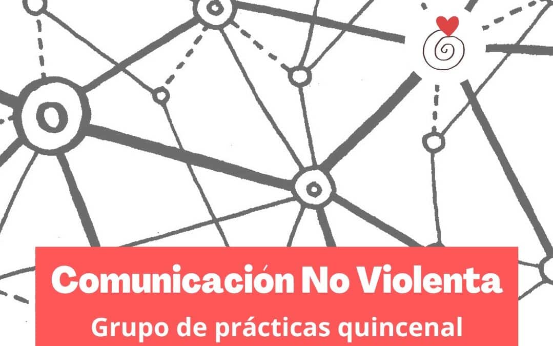 Un diagrama de red con el texto "Comunicación No Violenta, Grupo de prácticas quincenal" en una pancarta roja, y el logotipo de un corazón en espiral en la esquina superior derecha.