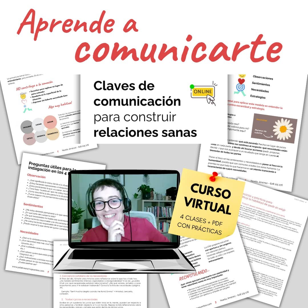Imagen de promoción de un curso de comunicación virtual, con materiales de clase, una persona sonriente en una videollamada y un texto sobre cómo establecer relaciones sanas con cuatro clases en línea y un PDF.