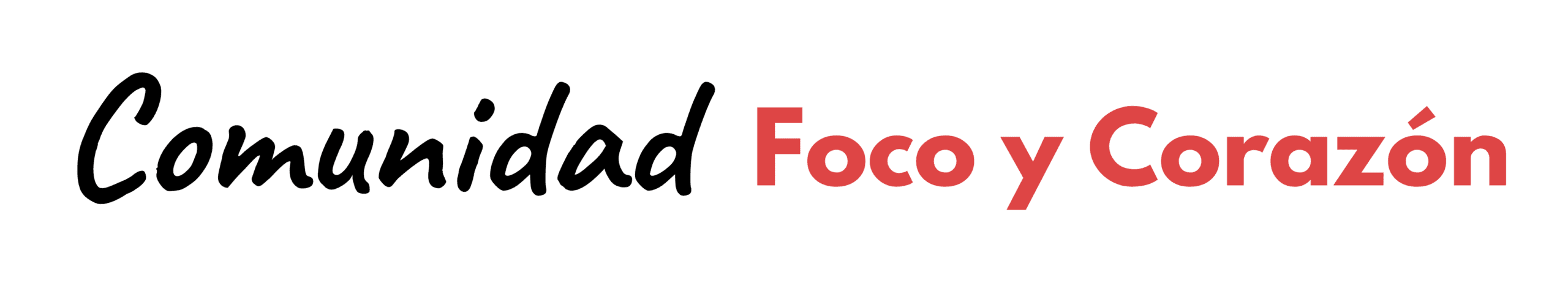 Logotipo de texto con las palabras "Comunidad" en negro y "Foco y Corazón" en rojo, sobre fondo claro.