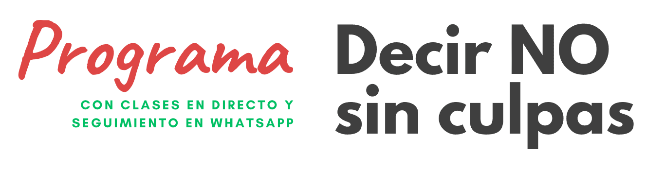 Texto en español: "Programa con clases en directo y seguimiento en WhatsApp. Decir NO sin culpas" sobre fondo blanco.