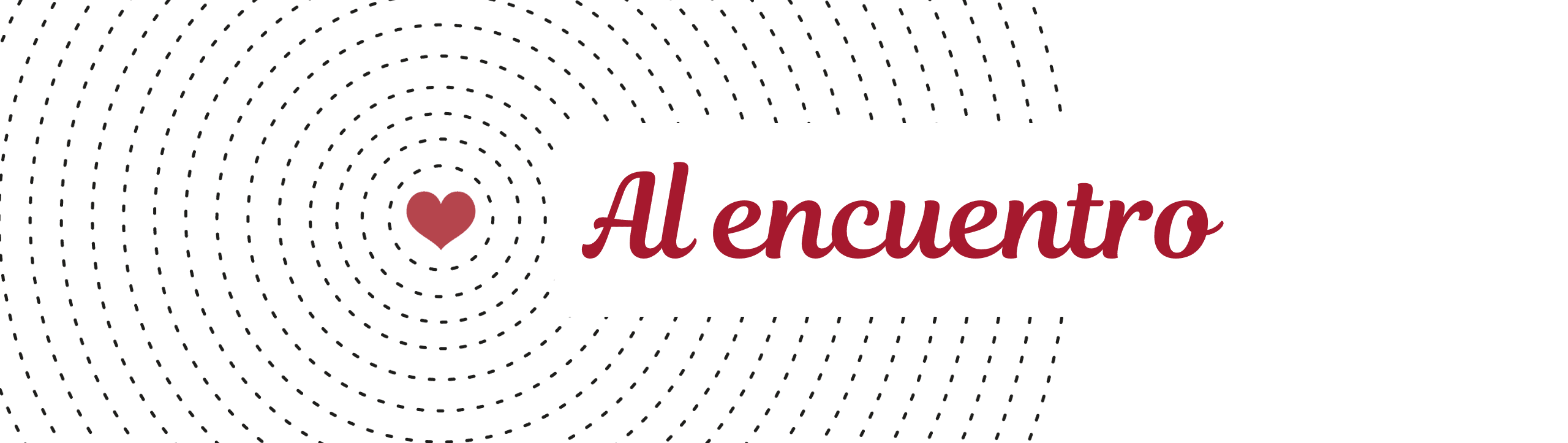 Un pequeño corazón rojo y la frase "Al encuentro" en cursiva roja, con círculos concéntricos punteados sobre fondo blanco.
