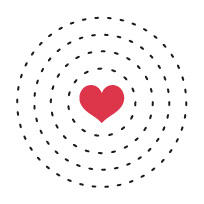 Un corazón rojo está centrado dentro de varios círculos concéntricos discontinuos sobre fondo blanco.