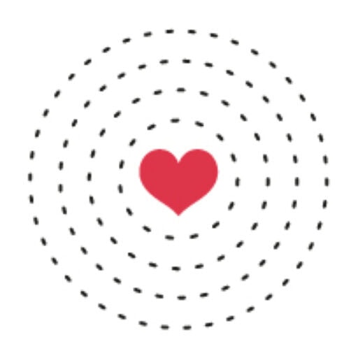 Un corazón rojo está centrado dentro de cinco círculos concéntricos formados por líneas negras discontinuas sobre fondo blanco.